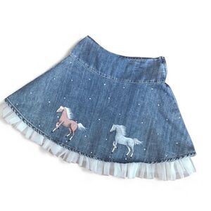 🐴 Gymboree Horse Denim Skirt • Hand Painted • Crystals • Lace Hem • Equestrian